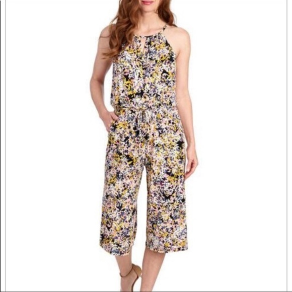 London Times Multicolored Floral Confetti Halter Cropped Jumpsuit‎ womens Size 4